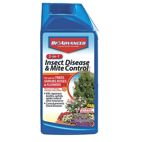 BioAdvanced 3-in-1 bottle illustrating insect, disease, and mite control for garden health.