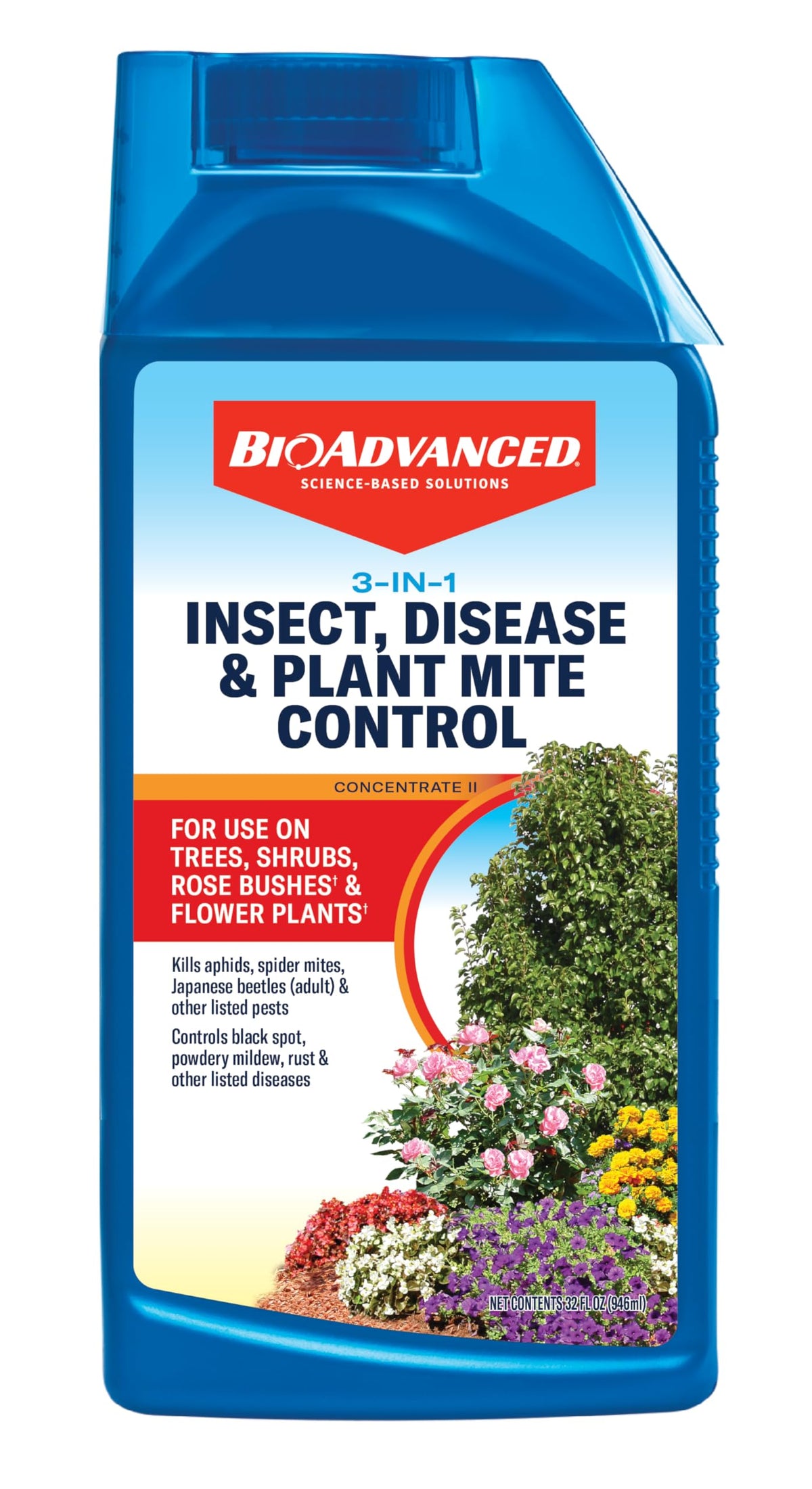 BioAdvanced 3-in-1 bottle showing triple-action pest and disease protection for outdoor plants.