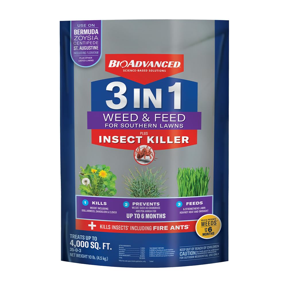 BioAdvanced 3-in-1 weed and feed boosts healthy green growth on Southern lawns.