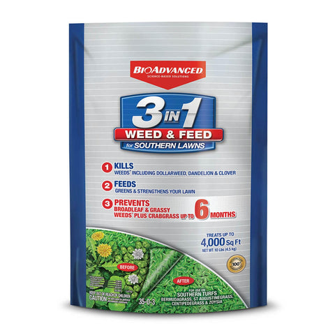 BioAdvanced 3-in-1 weed and feed granules for southern lawns nourish turf while targeting listed weeds.