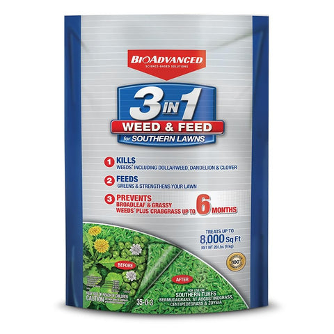 BioAdvanced 3-in-1 weed and feed bag for southern lawns ready to nourish and weed.