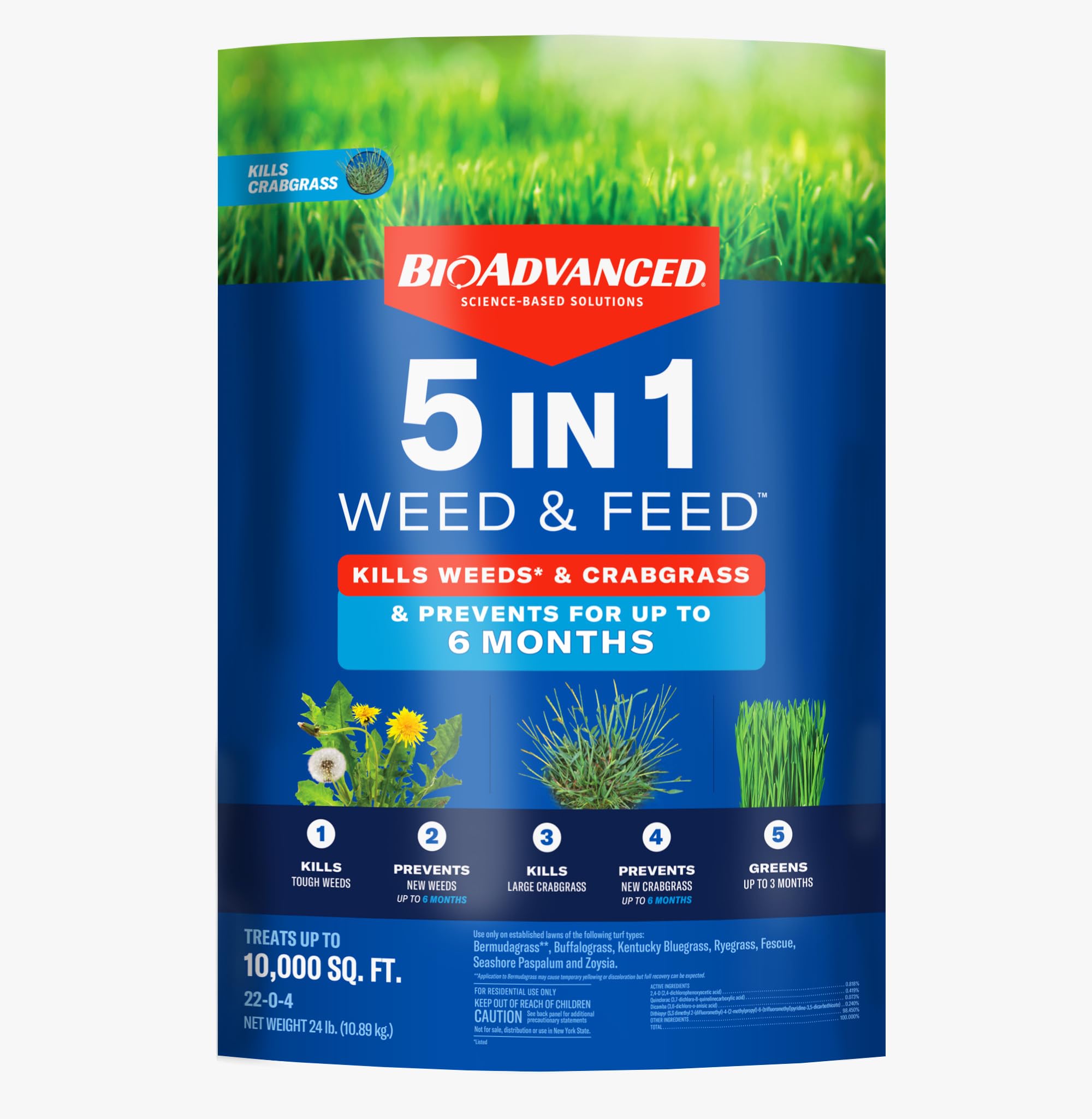 BioAdvanced 5 In 1 Weed and Feed granules bag showing weed control and lawn feeding benefits