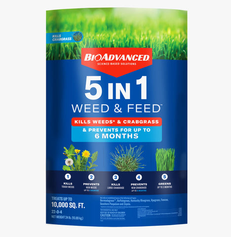 BioAdvanced 5 In 1 Weed and Feed granules bag showing weed control and lawn feeding benefits
