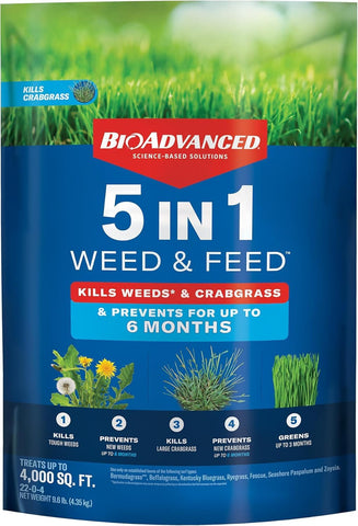BioAdvanced 5-in-1 weed and feed bottle for easy spring lawn care.
