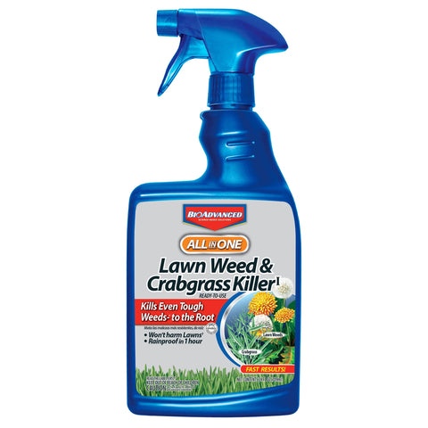 BioAdvanced All-In-One 24oz bottle shows ready-to-use lawn weed control for various grasses.