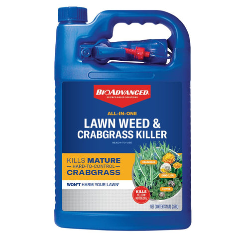 BioAdvanced all-in-one lawn weed killer sprayer on a lush green lawn.