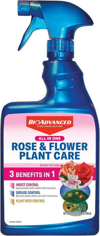 BioAdvanced All-in-One bottle ready-to-use for outdoor rose and flower protection.