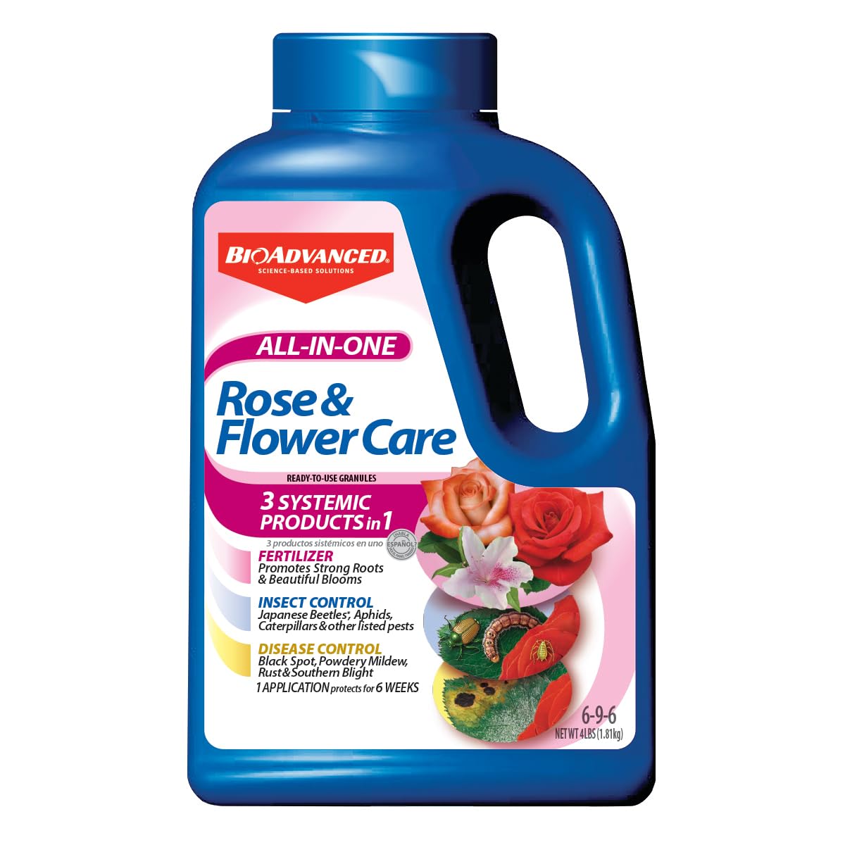 BioAdvanced All-in-One Rose and Flower Care granules feeding roses and flowers for vibrant growth.