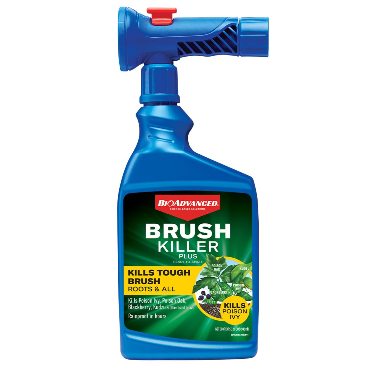 BioAdvanced Brush Killer Plus bottle front showing ready-to-spray design for outdoor weed control.