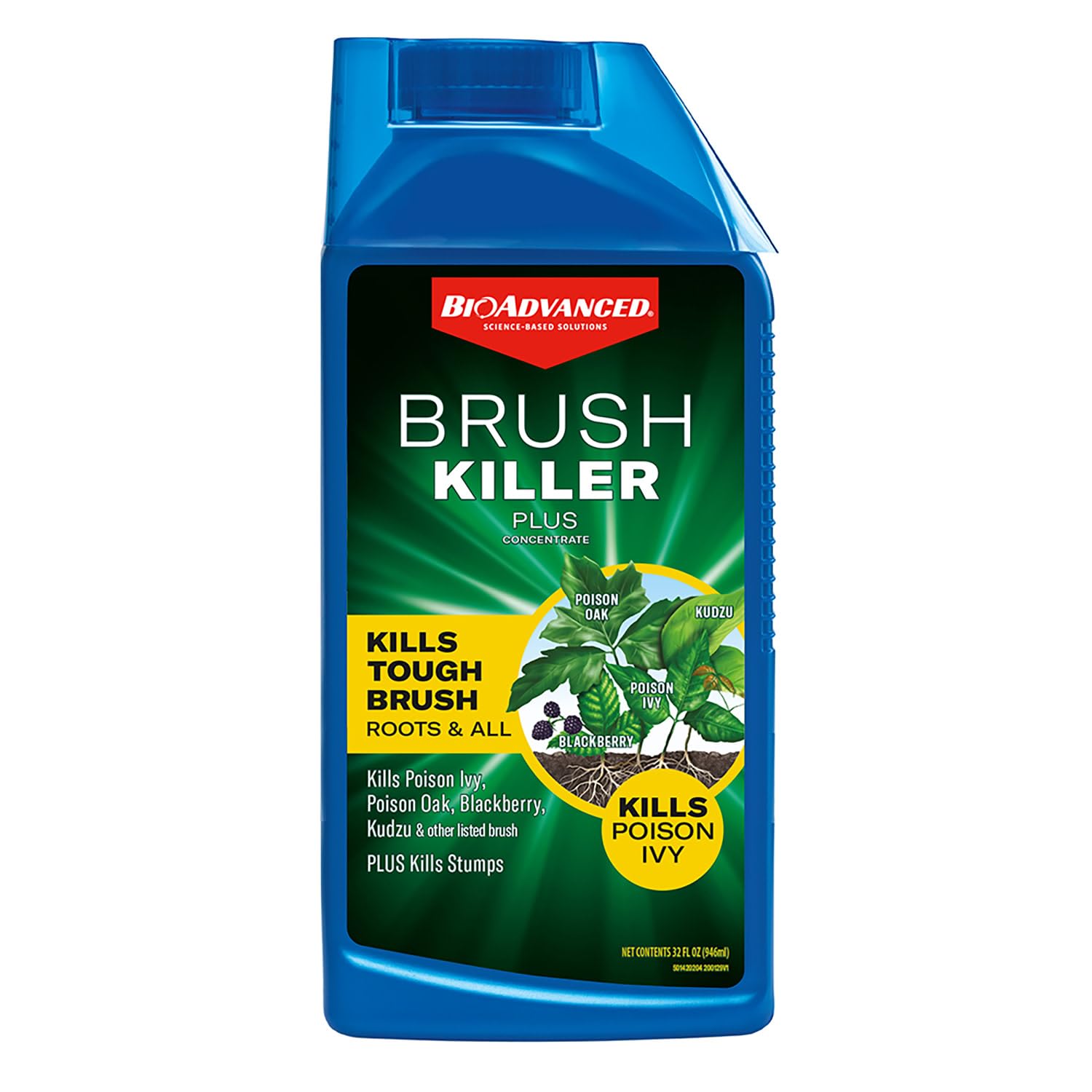 BioAdvanced Brush Killer Plus Concentrate bottle front view, 32 oz for broad weed control