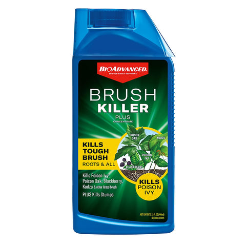 BioAdvanced Brush Killer Plus Concentrate bottle front view, 32 oz for broad weed control