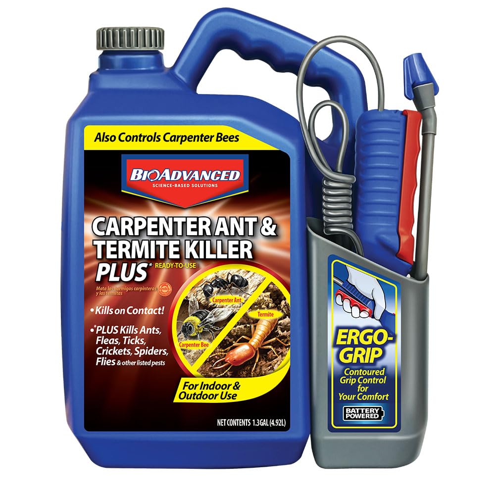 BioAdvanced Carpenter Ant & Termite Killer Plus bottle with pump sprayer for easy indoor use.