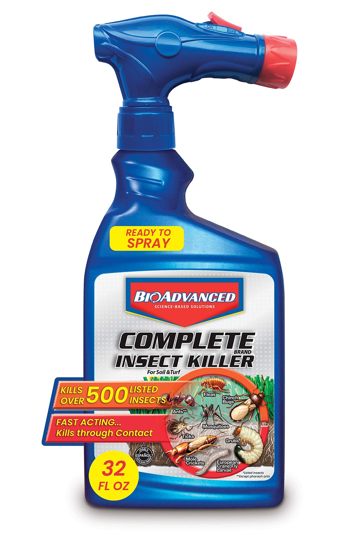 BioAdvanced Complete Insect Killer bottle applying on lawn for fast surface pest control