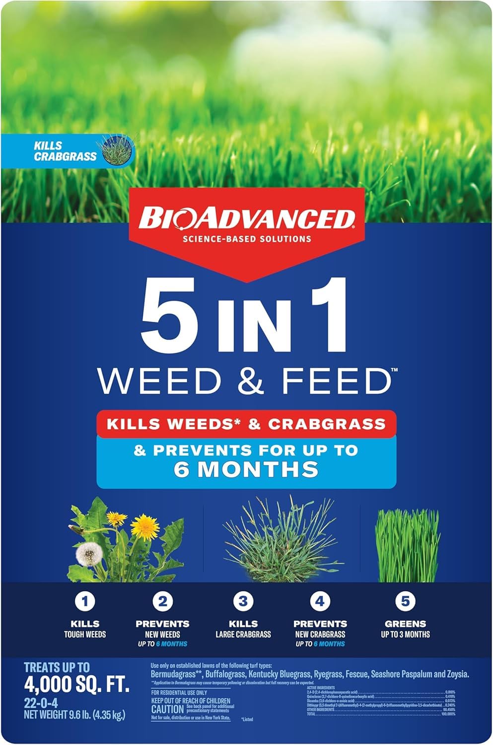 BioAdvanced 5-in-1 bag covers up to 4,000 square feet.