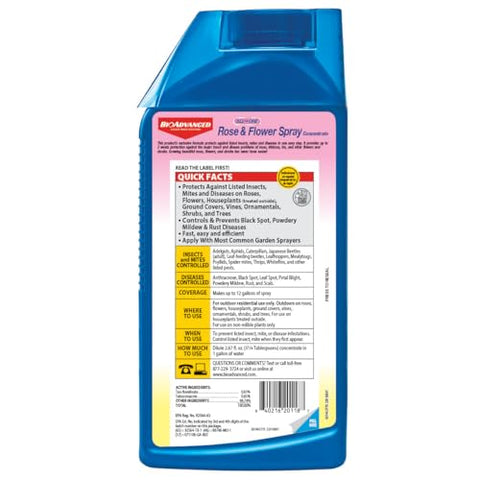 BioAdvanced disease-protection spray combating black spot and mildew on roses.