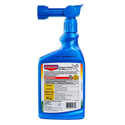 Close-up of BioAdvanced Fungus Control for Lawns label showing ready-to-use spray