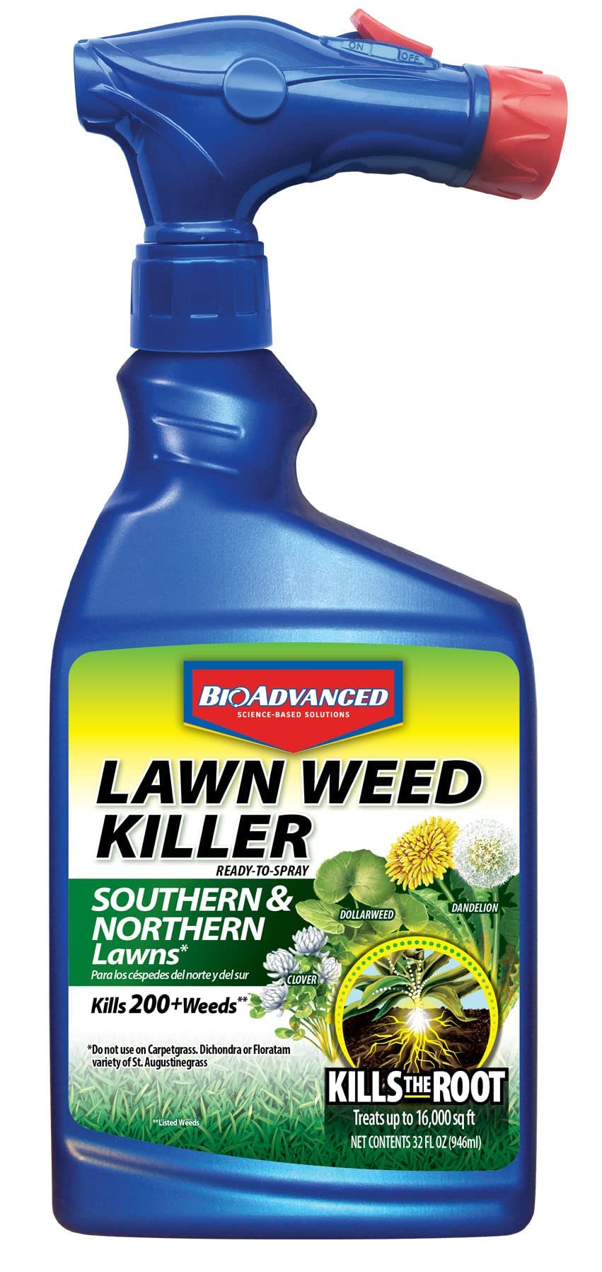 BioAdvanced lawn weed killer bottle labeled for broadleaf control in a yard setting