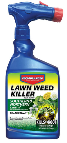 BioAdvanced lawn weed killer bottle labeled for broadleaf control in a yard setting