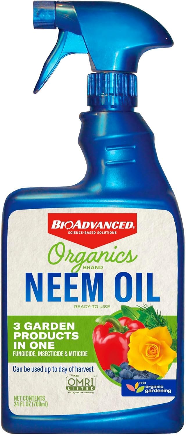 BioAdvanced Neem Oil 24oz bottle shown for ready-to-use plant protection.