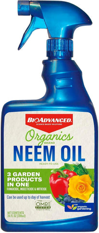 BioAdvanced Neem Oil 24oz bottle shown for ready-to-use plant protection.