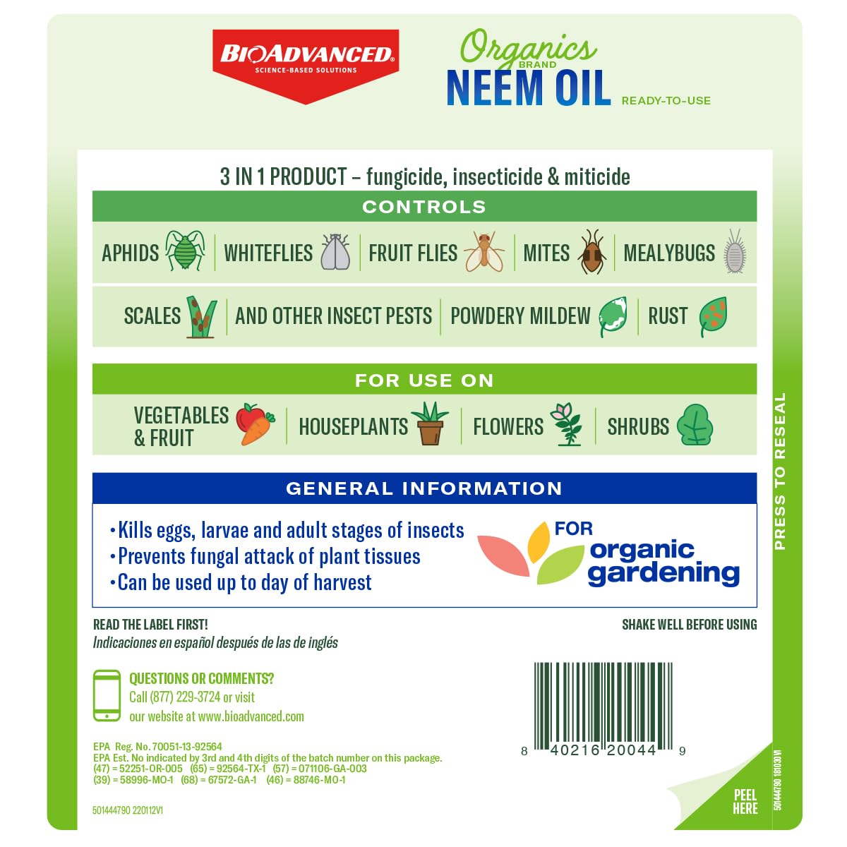 BioAdvanced Neem Oil 3-in-1 formula for insect, mite, and disease control