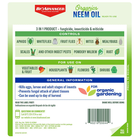 BioAdvanced Neem Oil 3-in-1 formula for insect, mite, and disease control