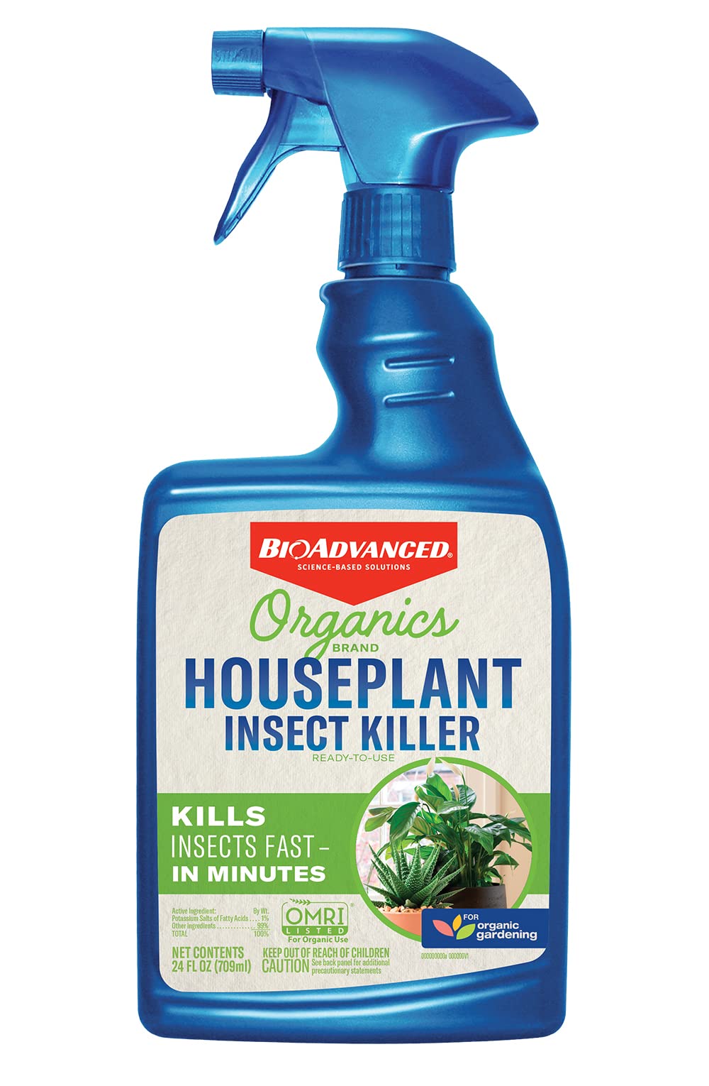 BioAdvanced Organics Houseplant Insect Killer bottle protects indoor plants from pests.