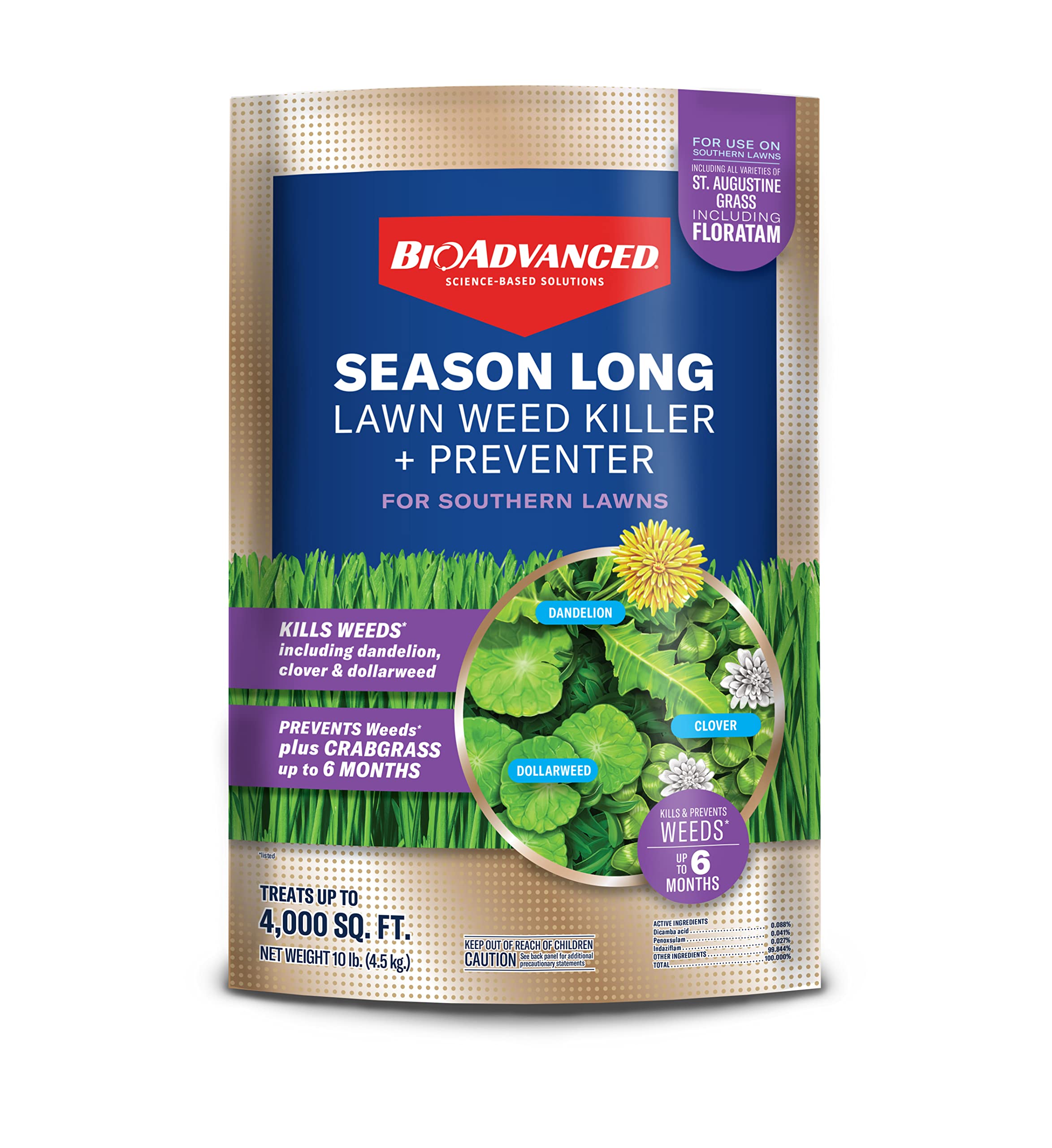BioAdvanced season-long weed killer granules spread on a lawn for up to 6 months protection.