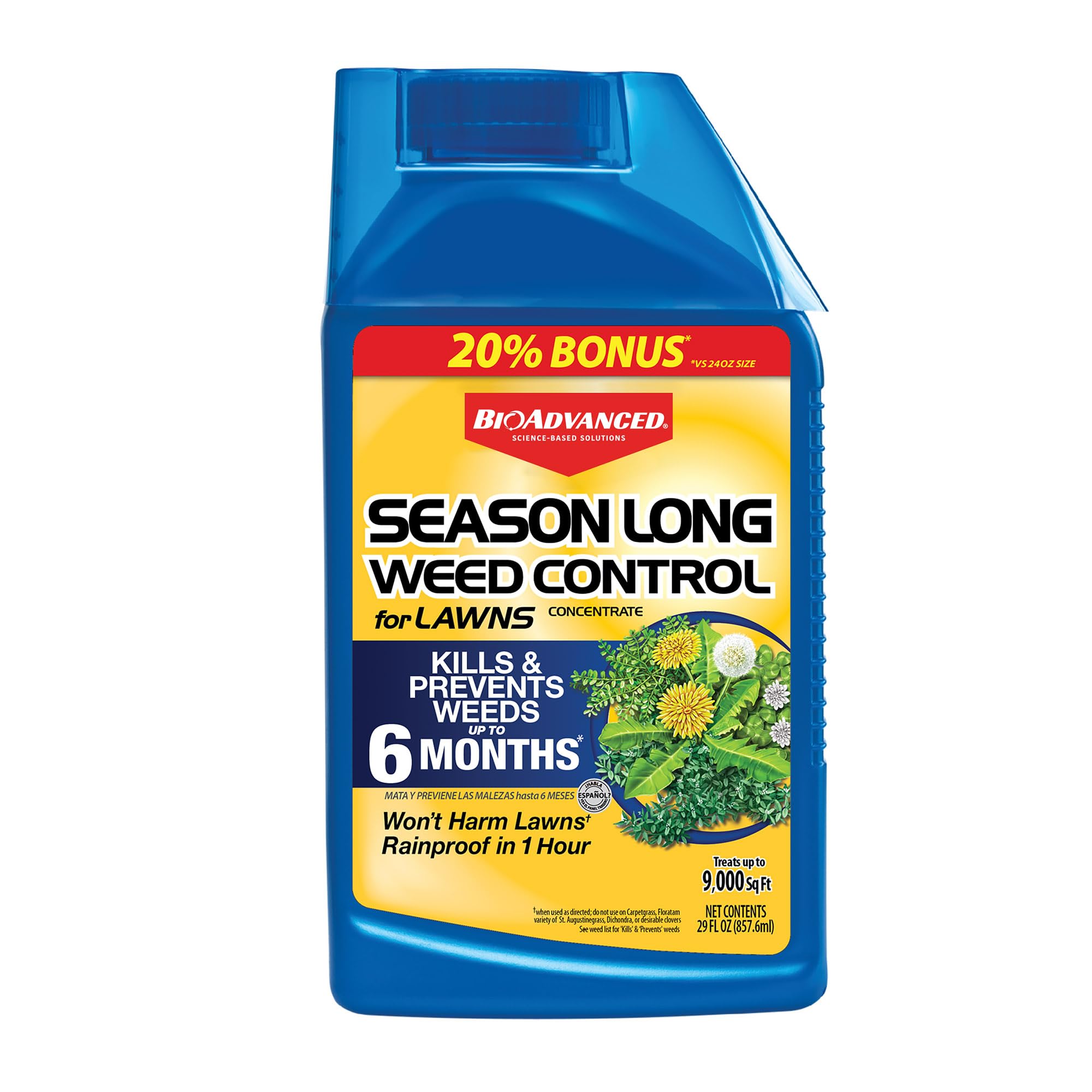 BioAdvanced Season Long Weed Control bottle closeup showing long-lasting control up to six months
