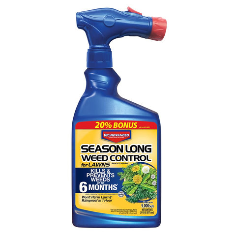 BioAdvanced Season Long Weed Control bottle pour for rainproof lawn protection