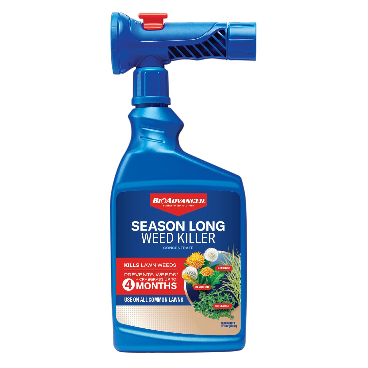 BioAdvanced Season Long Weed Killer bottle front shows ready-to-spray formula for easy lawn treatment.