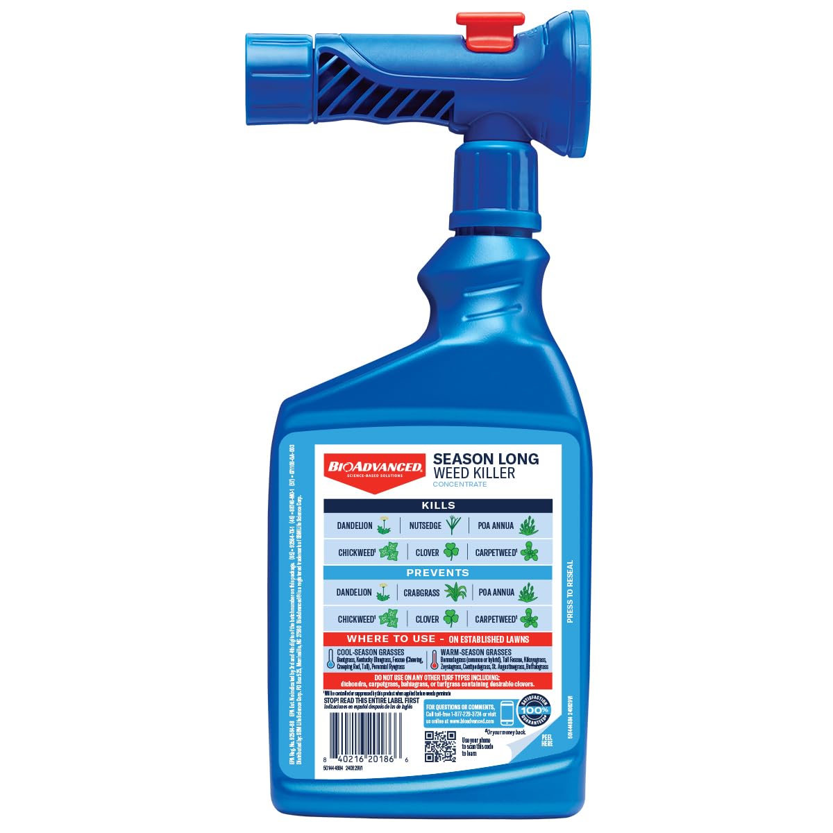 BioAdvanced Season Long Weed Killer blue bottle branding suggests multi-month weed protection.