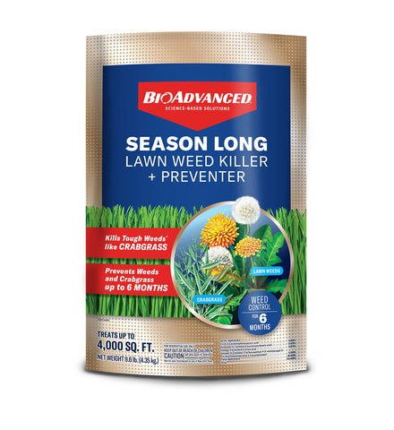 BioAdvanced Season Long Weed Killer Plus Preventer granules ready to spread for a weed-free lawn