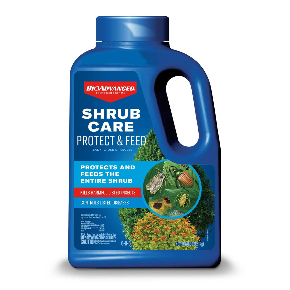 BioAdvanced Shrub Care granules bag ready for outdoor use, protecting shrubs from pests.