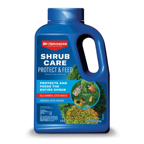BioAdvanced Shrub Care granules bag ready for outdoor use, protecting shrubs from pests.