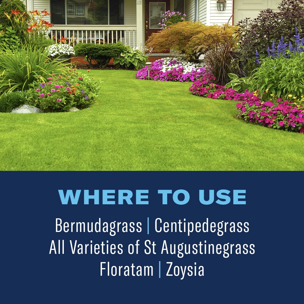 Spreader-ready granules poured from bag onto lawn for season-long defense.
