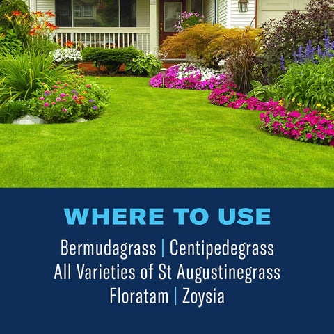 Spreader-ready granules poured from bag onto lawn for season-long defense.