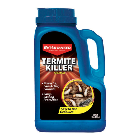 BioAdvanced Termite Killer Granules 9lb bag ready for outdoor barrier treatment.