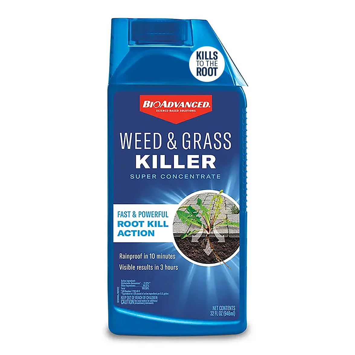 BioAdvanced Weed & Grass Killer spray bottle closeup for quick, targeted weed control around shrubs.