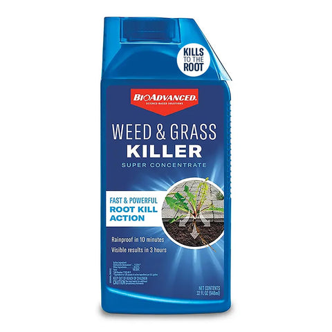 BioAdvanced Weed & Grass Killer spray bottle closeup for quick, targeted weed control around shrubs.