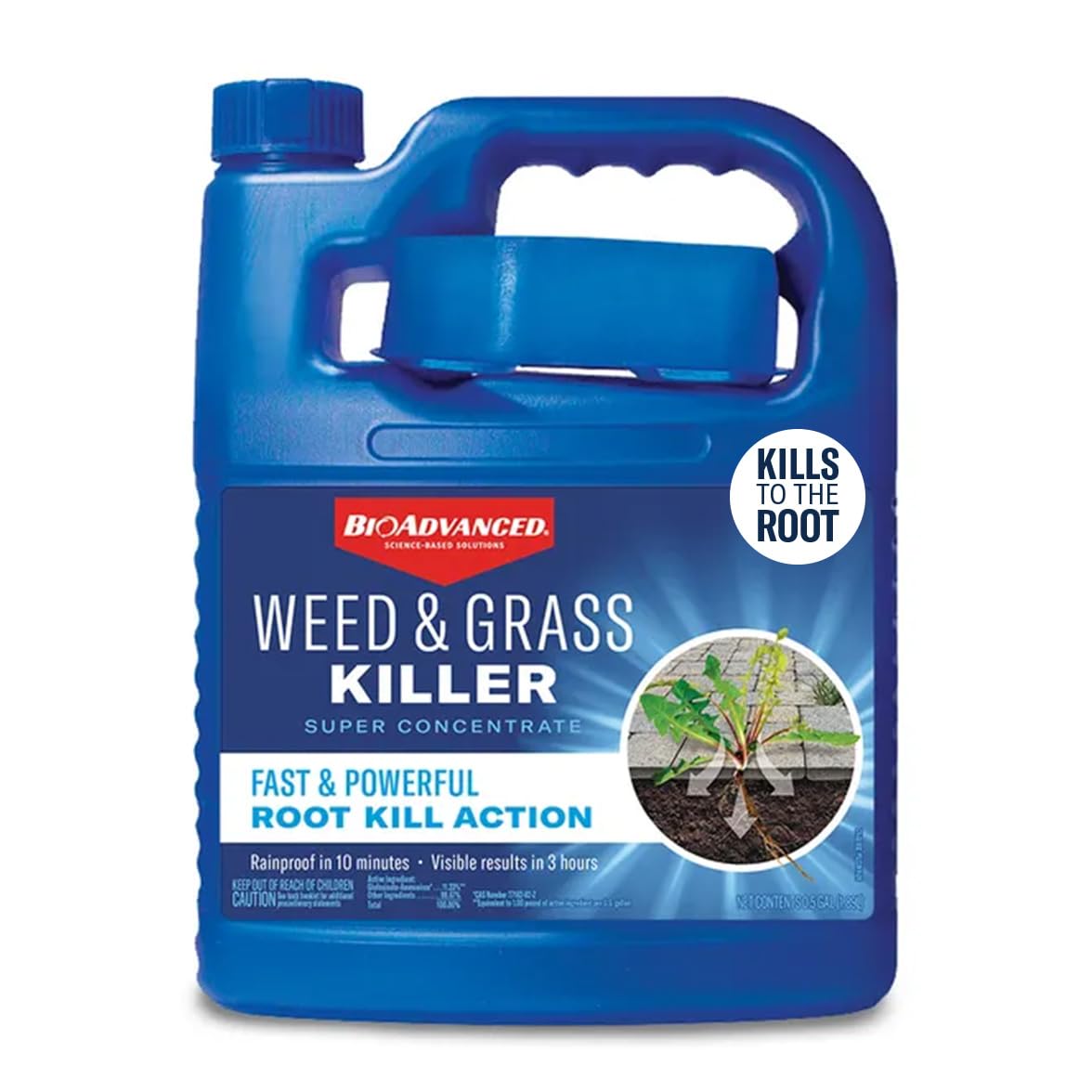 BioAdvanced weed killer concentrate bottle close-up showing fast-acting formula.