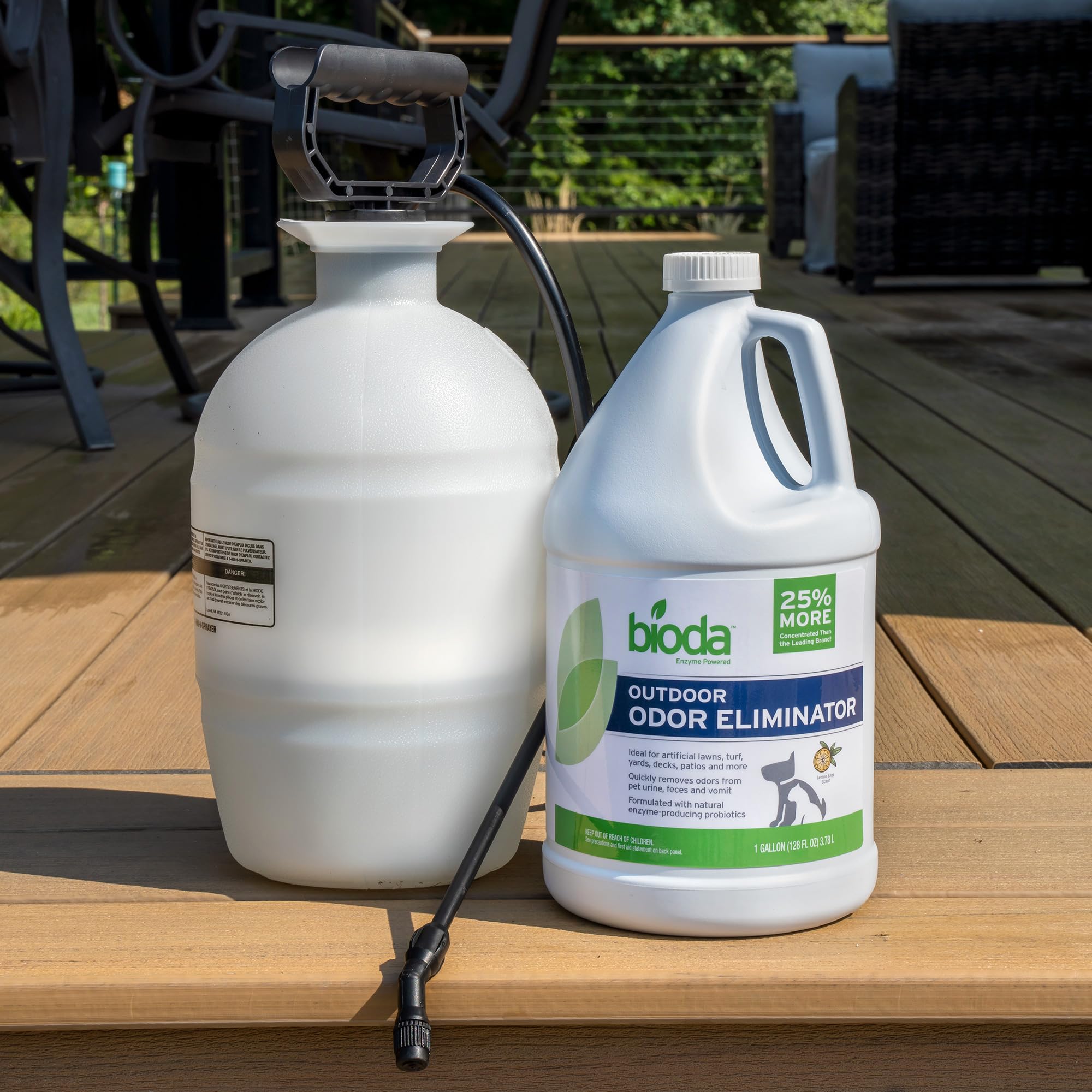 Bioda probiotic outdoor odor eliminator application for turf and patio areas.