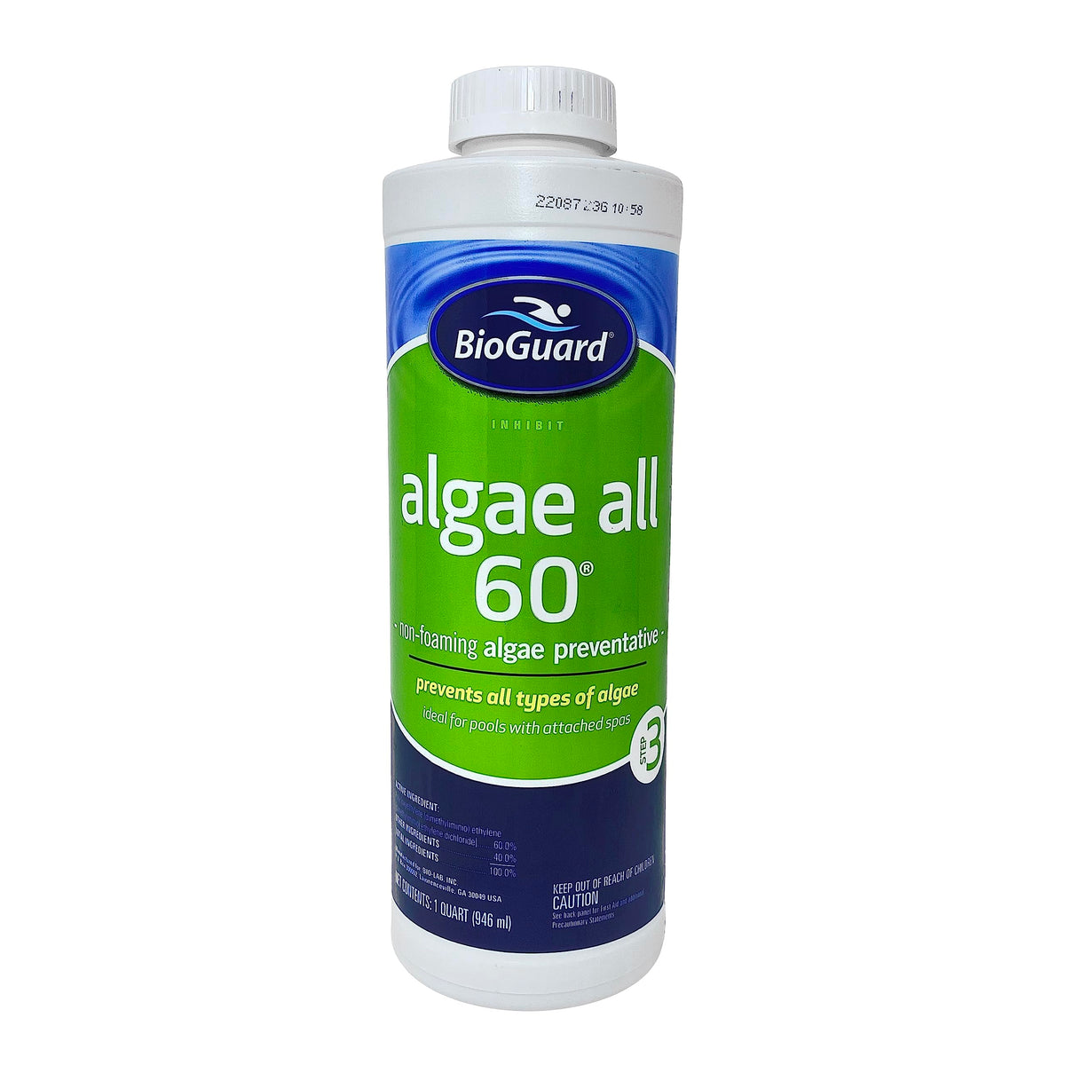 BioGuard Algae All 60 bottle demonstrating non-foaming algae prevention for pools.