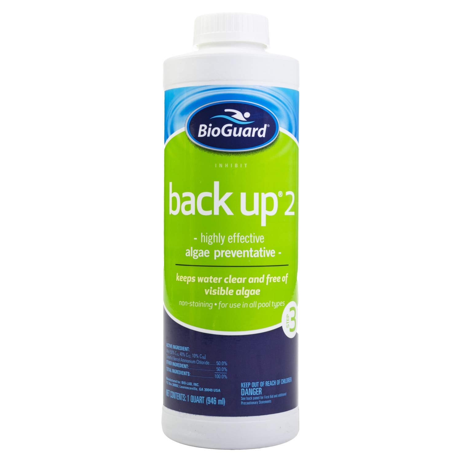 BioGuard Back Up 2-1 quart bottle being poured around pool perimeter to prevent algae