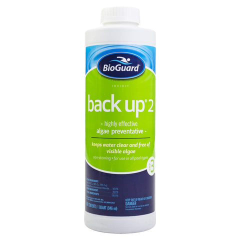 BioGuard Back Up 2-1 quart bottle being poured around pool perimeter to prevent algae