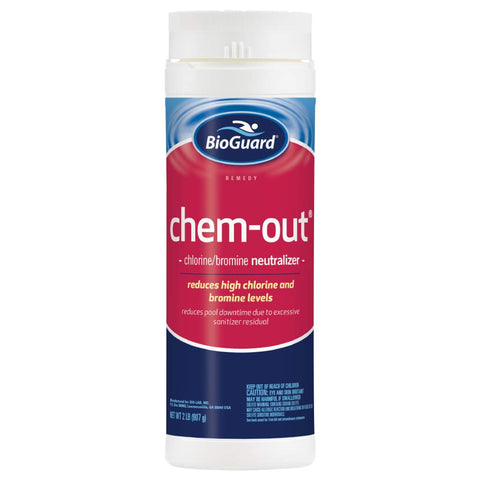 BioGuard ChemOut bottle reduces chlorine and bromine levels for quicker pool downtime.