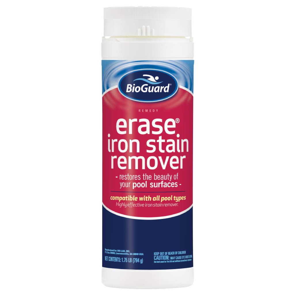 BioGuard Erase Iron Stain Remover bottle targets iron stains for clear pool water