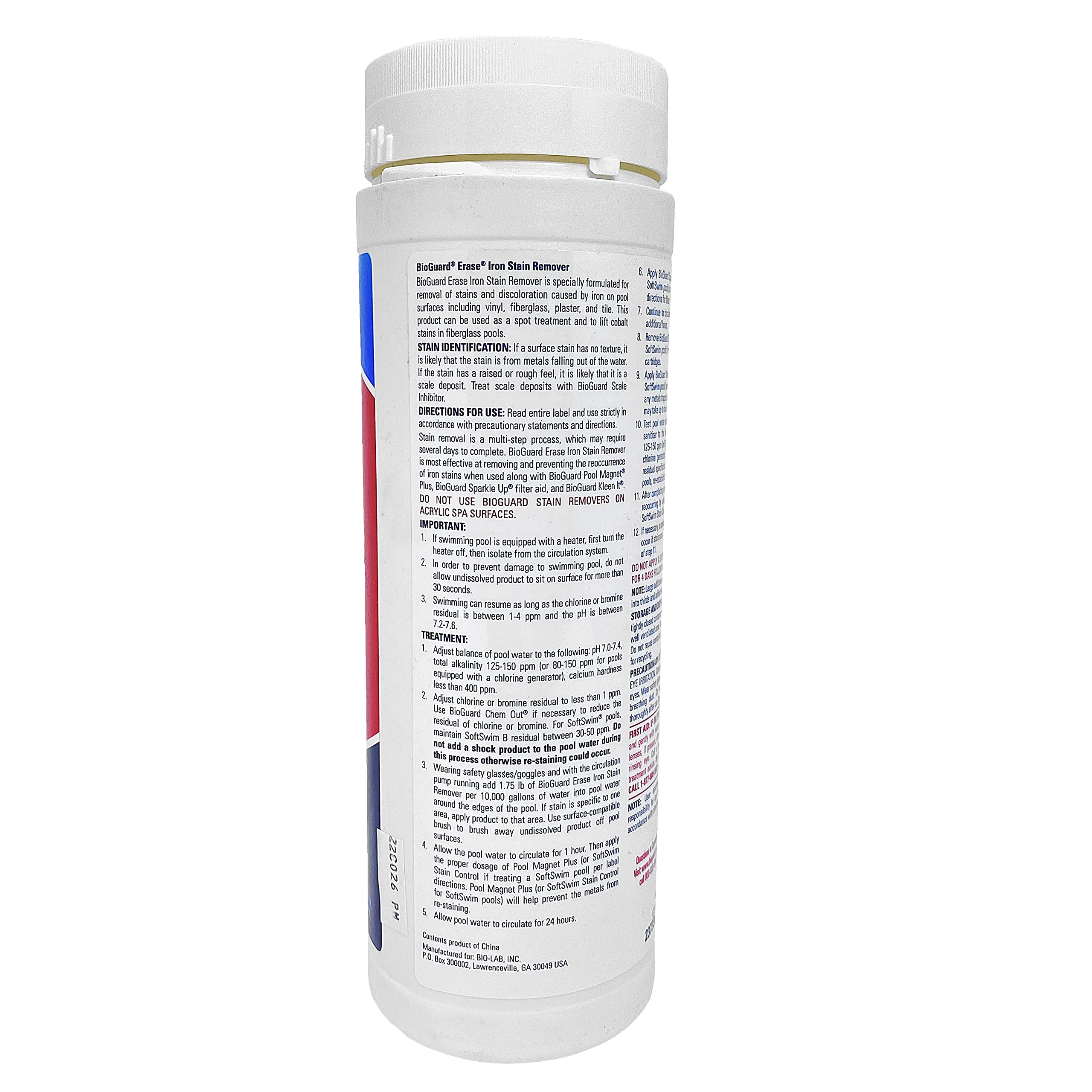 BioGuard Erase Iron Stain Remover applied to pool surface on plaster or tile
