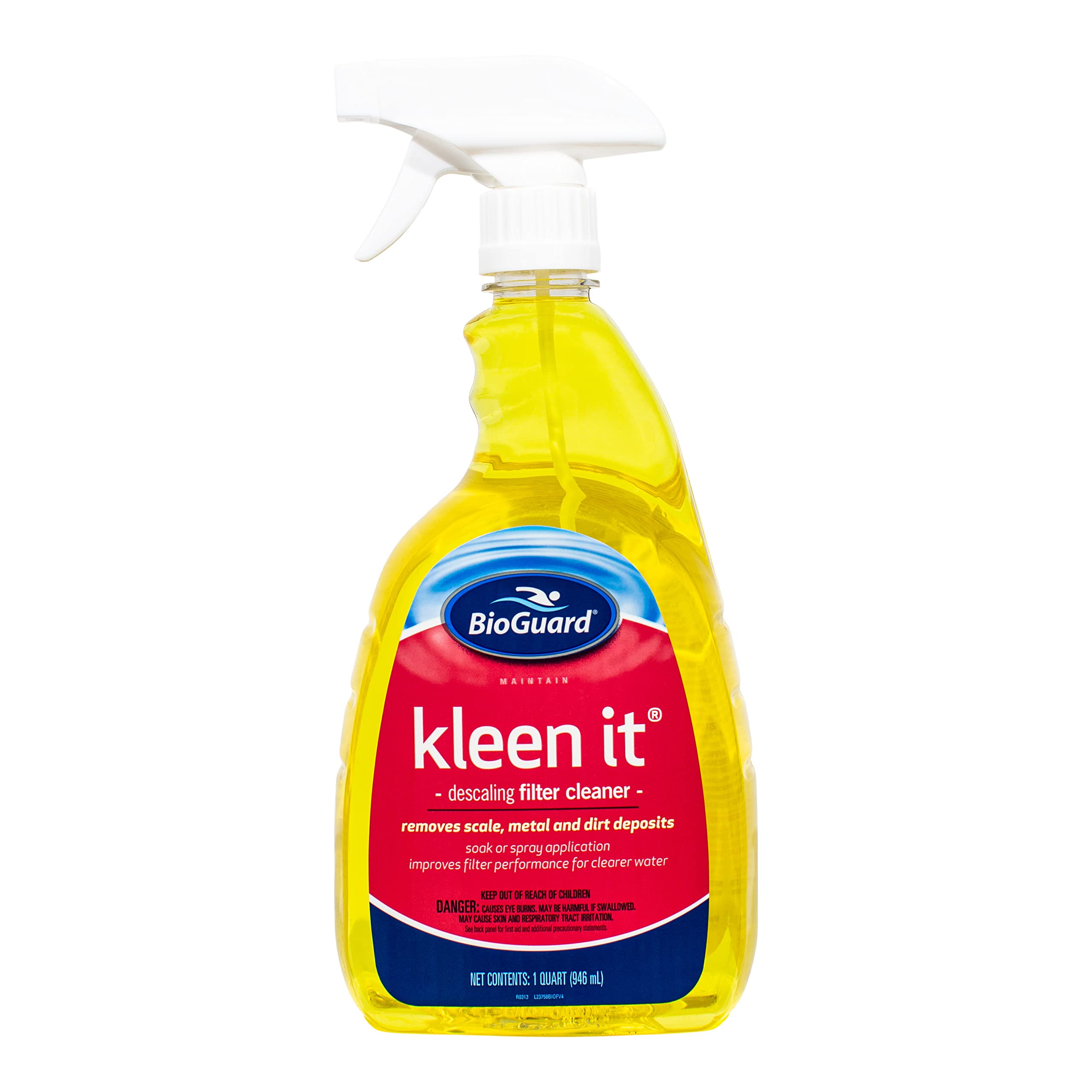 BioGuard Kleen It filter cleaner bottle pour demonstrates easy scale removal for pool filters.
