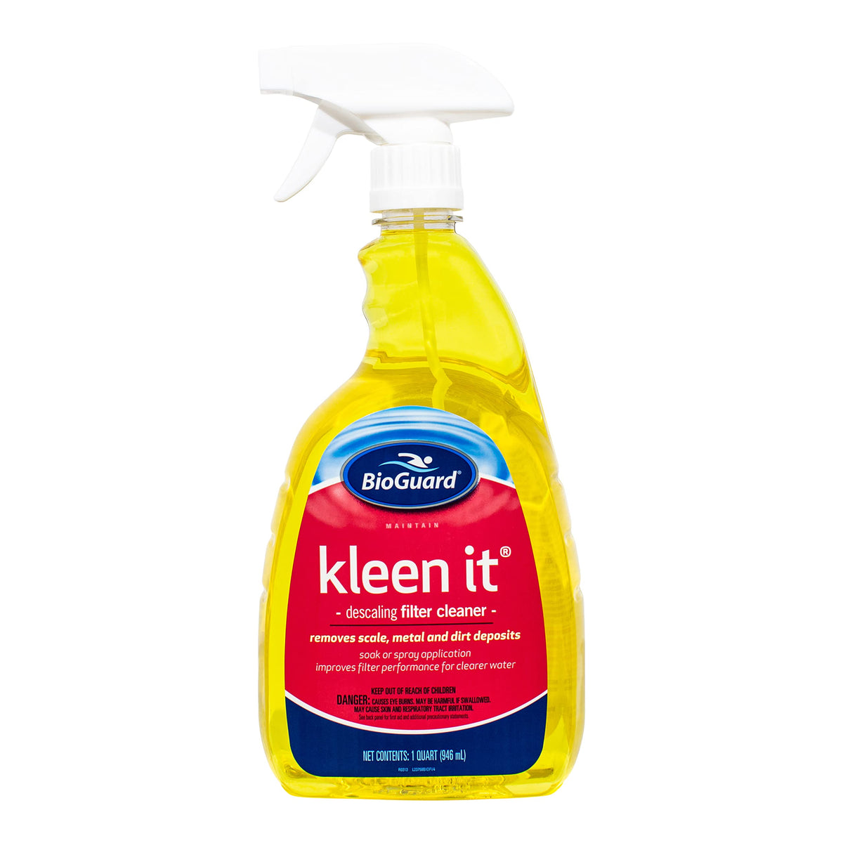 BioGuard Kleen It filter cleaner bottle pour demonstrates easy scale removal for pool filters.